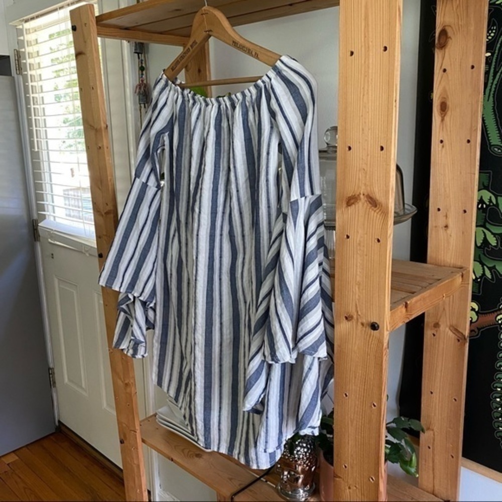 Lulu’s Along the Tides Navy Blue Striped Off-the-Shoulder Mini Dress Bell Sleeve - Picture 10 of 13